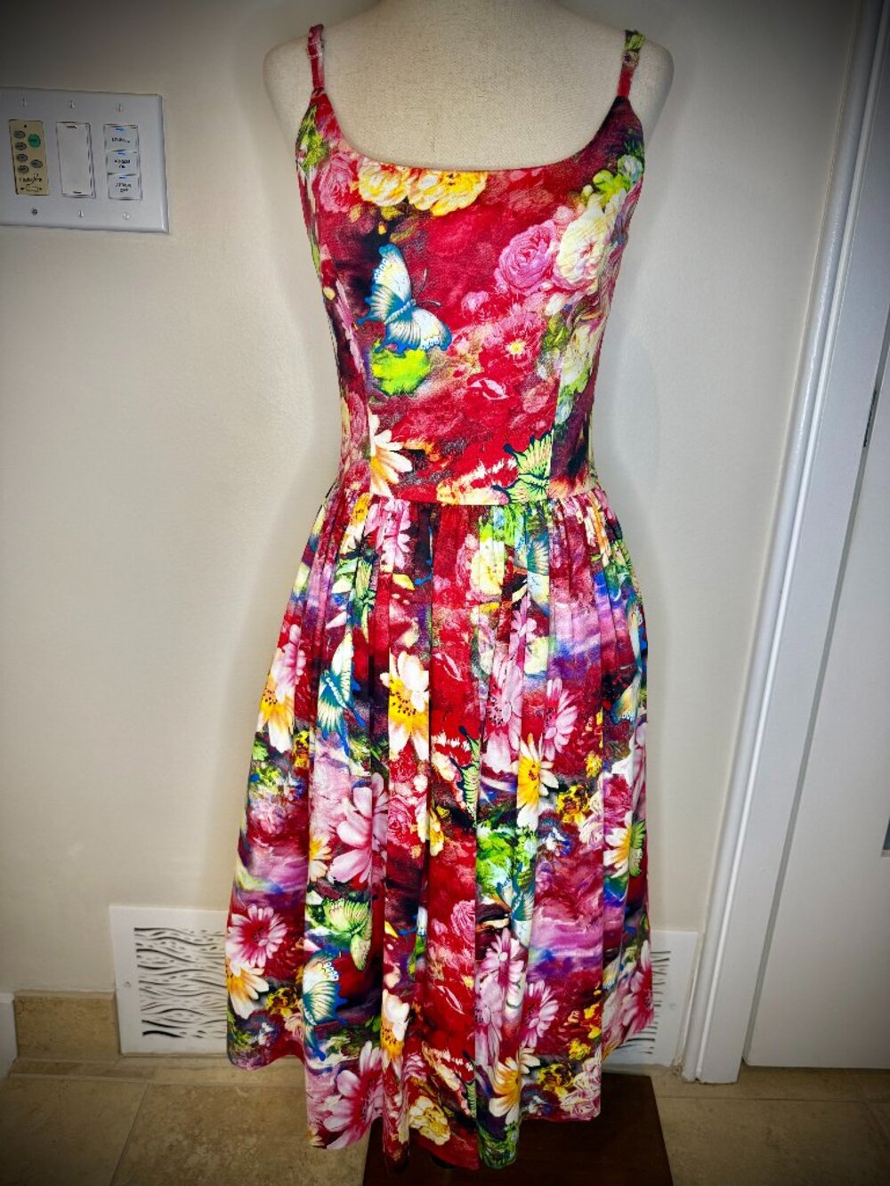Tatyana Multi Color Floral Red, Pink, Green, Blue Retro Swing Dress, Adj.Straps
